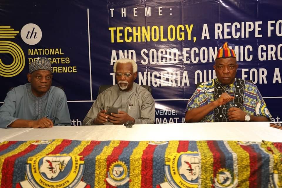 The Executive Secretary, TETFund, Arc. Sonny Echono (left) received an Award of Excellence from President National Association of Academic Technologists (NAAT), Comrade Ibeji Nwokoma during the 5th National Delegates Conference of NAAT at the University of Abuja.