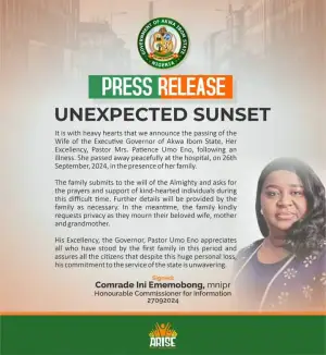 Breaking: A’Ibom First Lady, Patience Eno Dies After Brief Illness