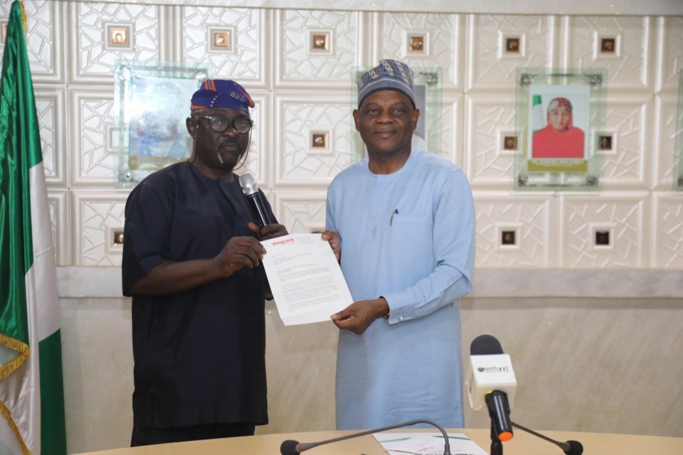 The Executive Secretary TETFund, Arc. Sonny Echono was presented with a Nomination Letter for the Award of Education Icon for the 2024 Vanguard Award