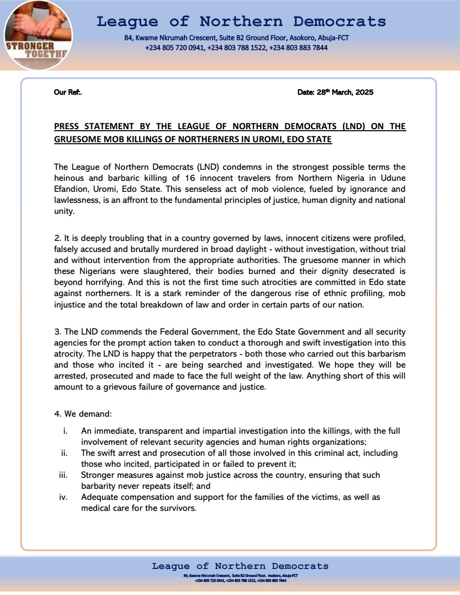 League of Northern Democrats Condemns Gruesome Mob Killings in Edo State