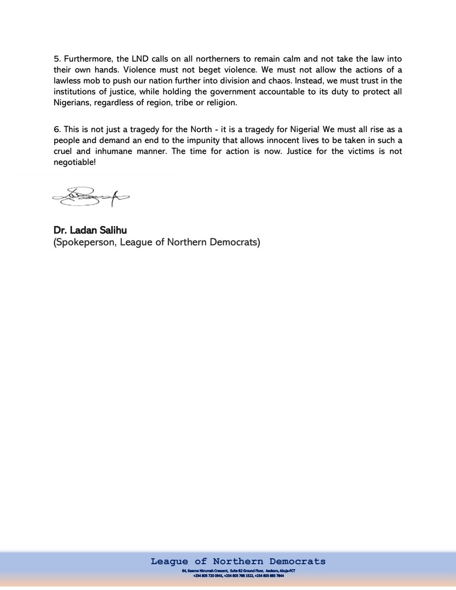 League of Northern Democrats Condemns Gruesome Mob Killings in Edo State