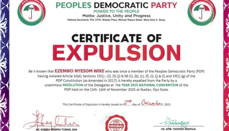 PDP issues certificate of expulsion to Wike, Fayose, Anyanwu, others