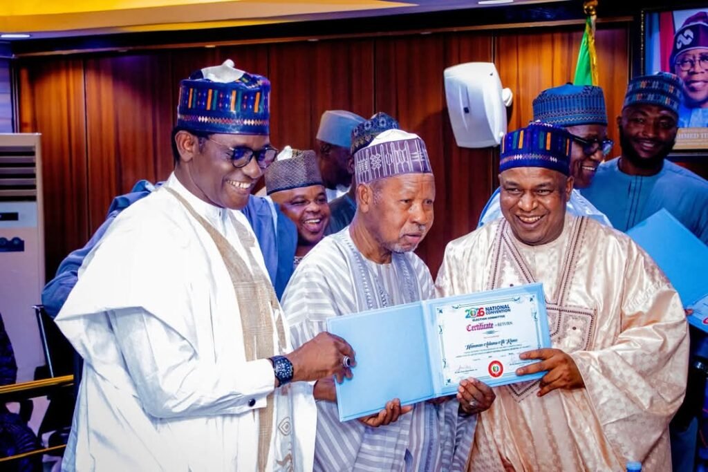 Masari, Buni Present Certificate of Return to Elected APC NWC