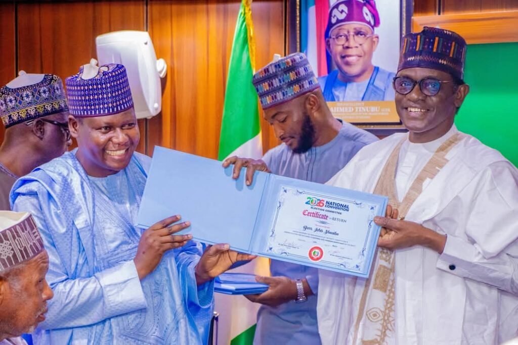 Masari, Buni Present Certificate of Return to Elected APC NWC