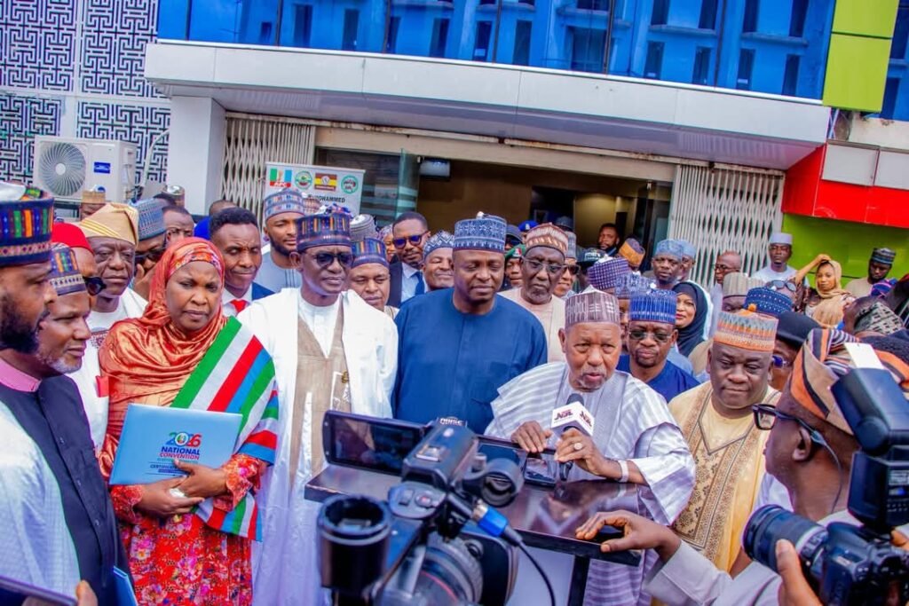 Masari, Buni Present Certificate of Return to Elected APC NWC